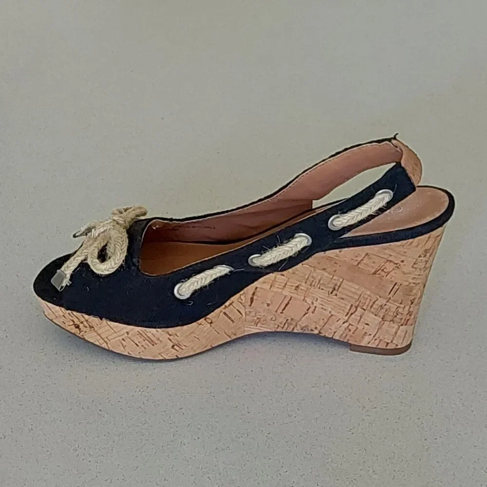 Franco Sarto Black and Cork Rope-Accent Wedge Sandals